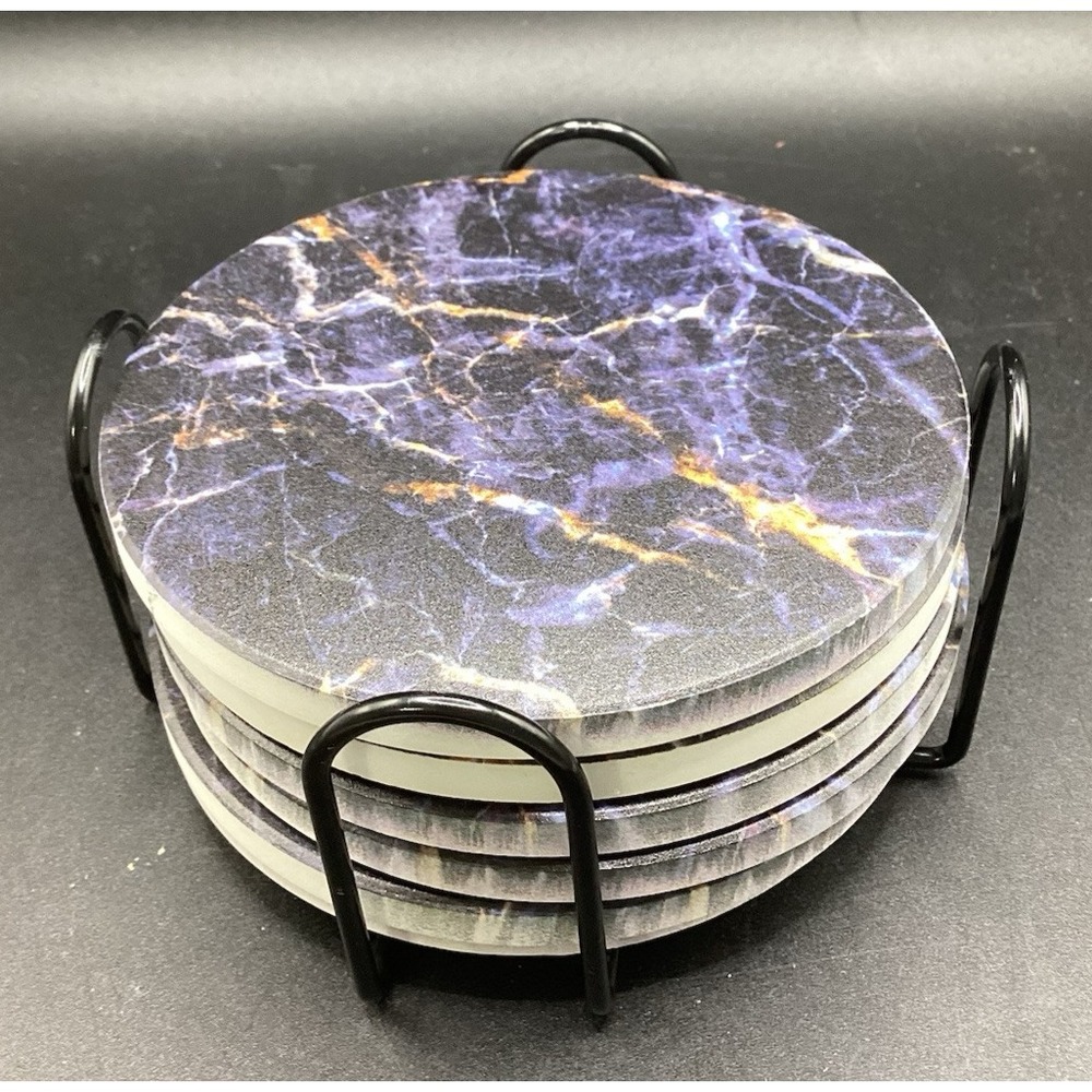 Absorbent Coasters Ceramic Set of 6 with Black Marble Cork Backing w/ Holder